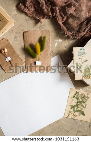 Flay lay, top view of the herbarium, dried lavender flowers, notebook, book for notes, pen and spring summer pictures on a concrete backgroundPostcard on kraft paper