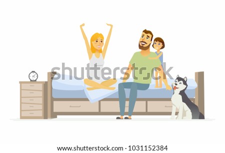 Family in the morning - cartoon people character isolated illustration on white background. An image of young parents, daughter and a dog in the bedroom, just waking up. A woman stretching and yawning