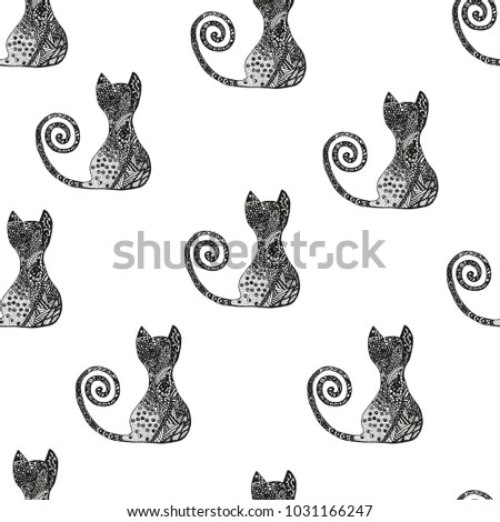 Seamless pattern with cats. Black and white background.