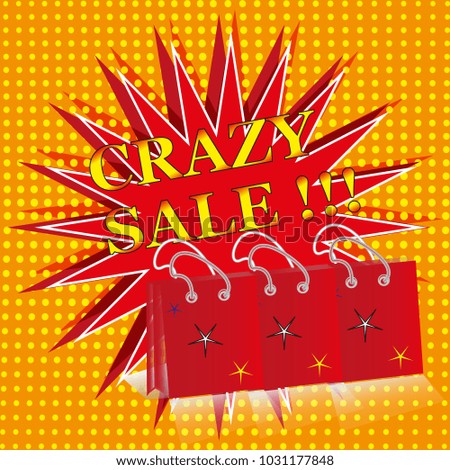 It depicts an object in the form of an explosion of red color in the style of pop art, the inscription of a crazy sale with exclamation marks, below, holiday packages with stars.