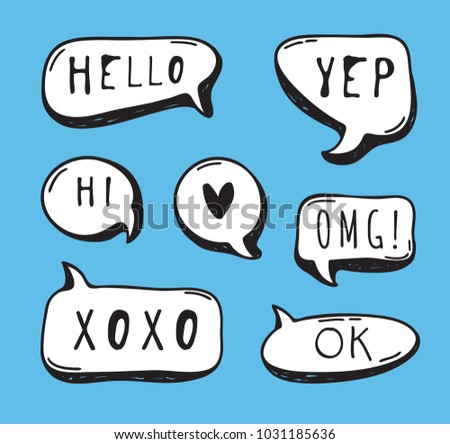 Hand drawn set of speech bubbles with text. Vector pop art objects. Doodle elements for dialog
