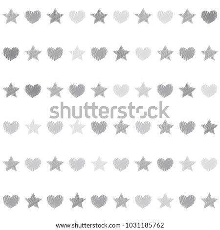 embroidery stars and hearts seamless vector pattern. Light grey shade stars and love symbols with machine embroidered texture on background, stitch effect hearts and sparkles abstract graphic design.