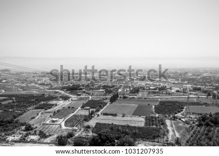 Black and white picture of local farms irrigated by Jordan River in the desert located in the city of Jericho, Israel