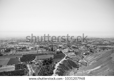 Black and white picture of amazing city view from Mount of Temptation in Jericho, Israel