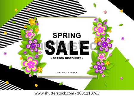 Spring sale season discounts banner with paper tag and flowers. Shop market poster design. Vector illustration.