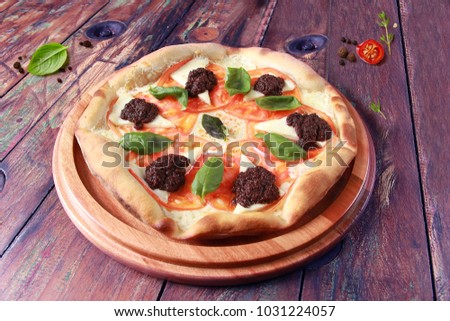 pizza, background, food, table, italian, wooden, view, basil, top, traditional, dinner, meal, tomato, cuisine, sauce, cheese, fast, space, margarita, copy, rustic, salami, red