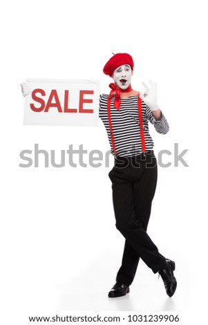 mime holding sale signboard and showing ok sign isolated on white