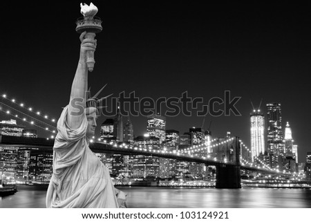 Brooklyn Bridge and The Statue of Liberty at Night Lights, New York City