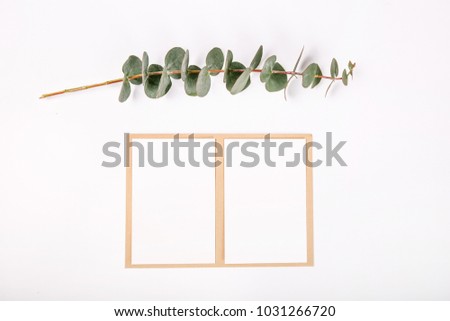 Top view of blank greeting card with plants  on white background