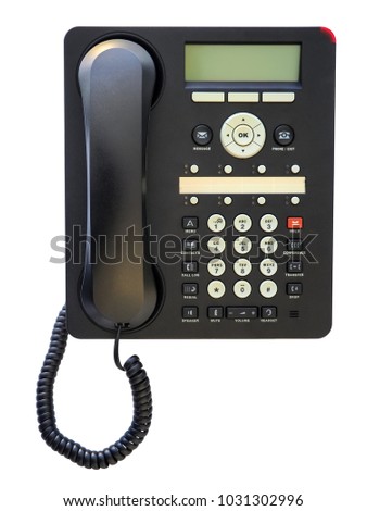 Isolated Top view of new black telephone on white background and shadow with clipping path, Green display
