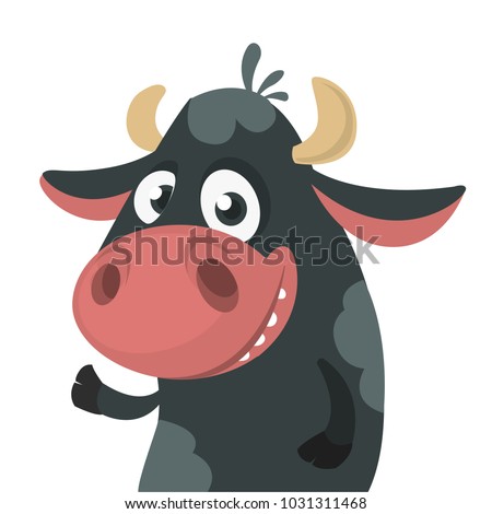 Cartoon cute black cow standing and presenting. Vector illustration of a cow character isolated on white. Great for print, banner or children book