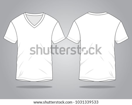 Blank White Short Sleeve V-Neck T-Shirt Template on Gray Background.Front and Back View, Vector File