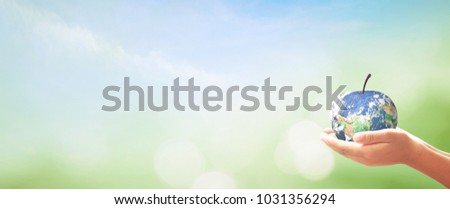Corporate social responsibility (CSR) concept: Human hands holding apple fruit of earth globe on green grass and blue sky background. Elements of this image furnished by NASA