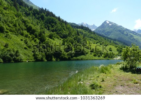 A river. Mountains scenes in national park Dombai, Caucasus, Russia, Europe.