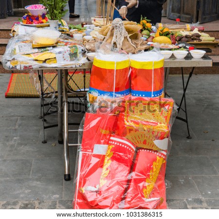 offerings laid on a table out to celebrate the lunar new year  in Vietnam 
