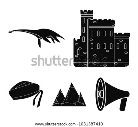 Edinburgh Castle, Loch Ness Monster, Grampian Mountains, national cap balmoral,tam o’shanter. Scotland set collection icons in black style vector symbol stock illustration web.