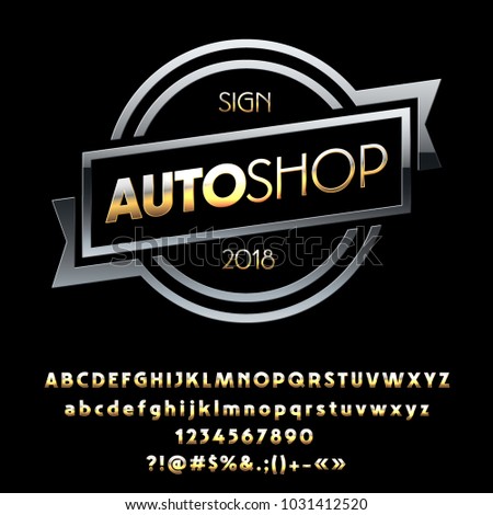 Vector Golden and Silver Logo for Motorbike and Auto Shop. Set of Golden Alphabet Letters, Numbers and Symbols