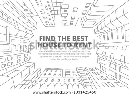 Background for text on the rental of real estate sketch. Apartment house in a circle frame. Hand drawn black line. Flat vector illustration stock clipart Royalty-Free Stock Photo #1031425450