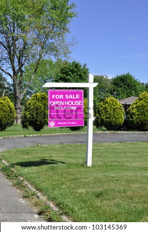 For Sale Welcome Open House  Priced to Sell Real Estate Sign on Front Yard Suburban Residential Neighborhood Home