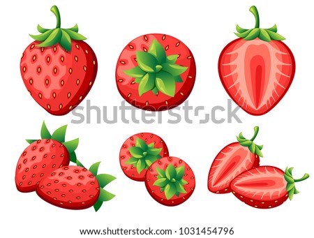 Strawberry and slices of strawberrys. Vector illustration of strawberrys. Vector illustration for decorative poster, emblem natural product, farmers market. Website page and mobile app design. Royalty-Free Stock Photo #1031454796