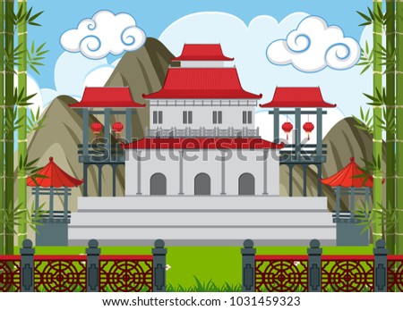 Chinese buildings in bamboo park illustration