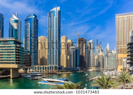 Scenery view of Dubai Marina Residential and Business Skyscrapers, Dubai, United Arab Emirates