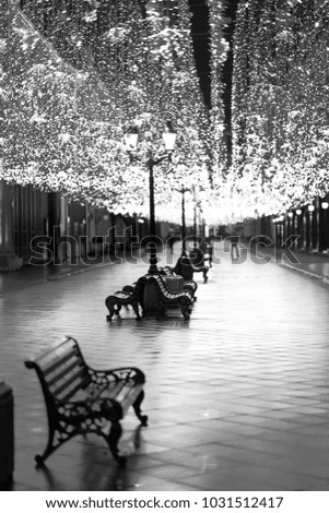 benches in night european city. illumination lights.