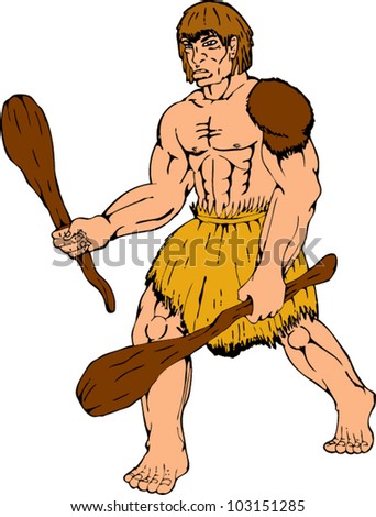 cartoon illustration of a caveman holding club on isolated white background.