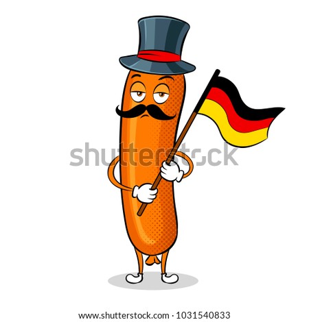 Bavarian sausage with germany flag pop art retro raster illustration. Cartoon food character. Isolated image on white background. Comic book style imitation.