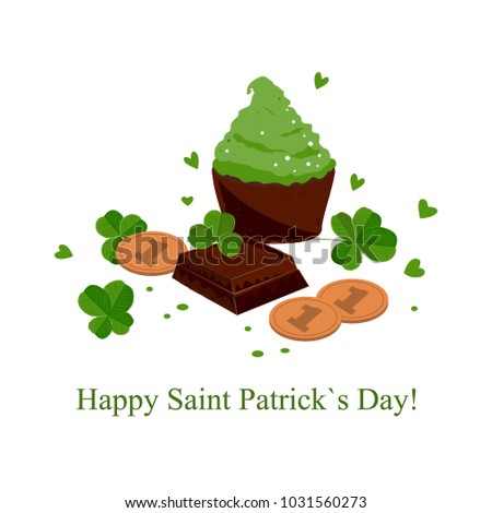 Stylish seamless St. Patrick's day background with clover leaves chocolate bars, green cupcakes, and coins. Vector illustration