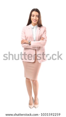 Beautiful young woman in elegant suit on white background