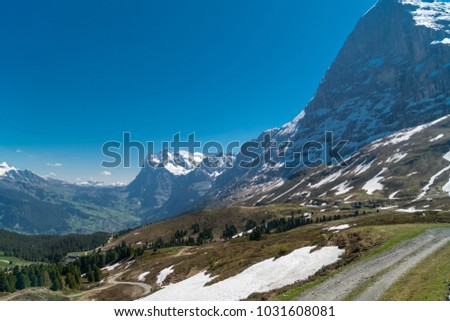 
Spectacular view of the mountain Jungfrau and the four thousand meter peaks in the Bernese Alps from Greendeltwald valley, Switzerland Royalty-Free Stock Photo #1031608081
