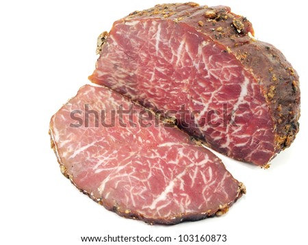 spicy smoked meat on a white background
