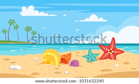 Vector cartoon style background of sea shore with colorful seashells. Good sunny day.