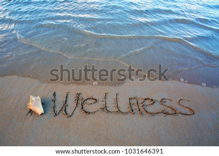 Word Wellness written on the sand near the sea.Vacation concept.