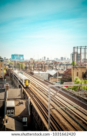 Panoramic view on East London, view from rooftop, London Fields, Hackney. Royalty-Free Stock Photo #1031662420