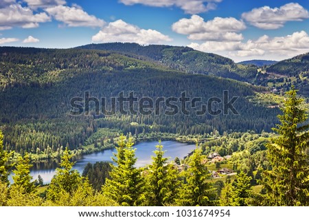 Panoramic view lake Schluchsee. Black Forest. Baden-wuerttemberg region. Germany. Royalty-Free Stock Photo #1031674954