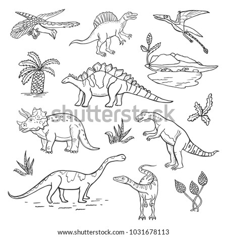 Vector collection of hand drawing dinosaurs. Sketches in cartoon style on a white background.
