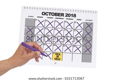 Countdown Trick or Treat Halloween Calendar October 2018 hand strike through white background