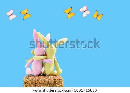 Two rabbits on a straw bale with five butterflies in front of a blue background
