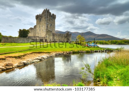 Ross Castle with reflection in Co. Kerry, Ireland Royalty-Free Stock Photo #103177385