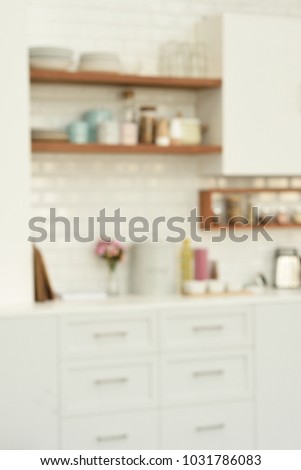 White tiles wall modern kitchen with white top background and ingredients