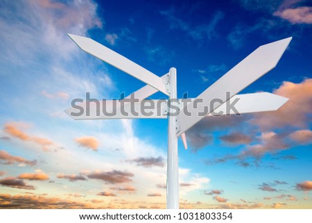 Blank metal white signage, empty guidepost, sign isolated on neutral background ; multi-direction guidepost 