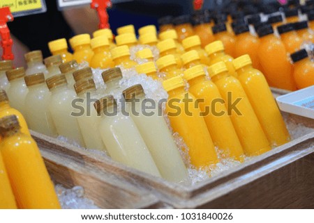 Various type of fresh juice on the bottle for sale.