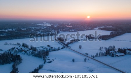 Sunrise in northern Finland, winter time, very cold weather