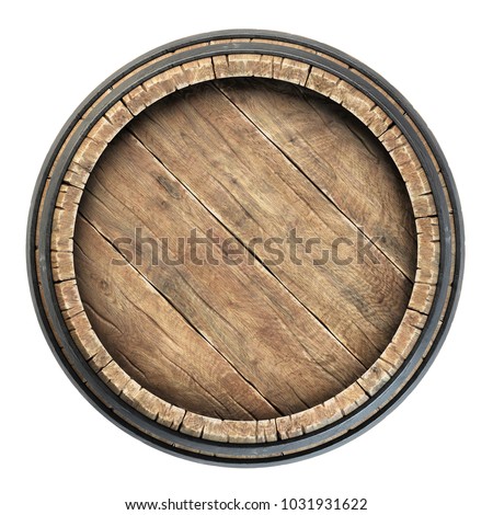 Wooden barrel top view isolated on white background 3d illustration Royalty-Free Stock Photo #1031931622