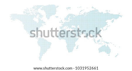 Vector blue dotted world map isolated on white background.