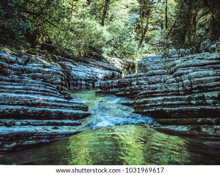canyon mountain river stream rock tropic trees
