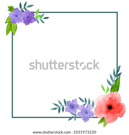 Spring and Summer Flower sqare composition for your design. Red Flowers, Violet Flowers, Tropical Leaves. Watercolor Hand Drawn Elements. 