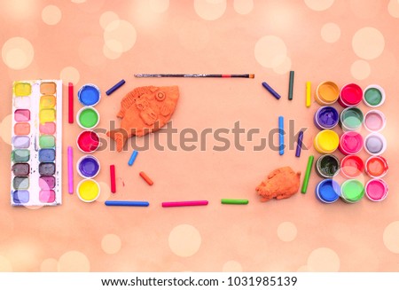 A set of materials for creativity and drawing Hobbies. Classes for creativity with children. Flat lay top view